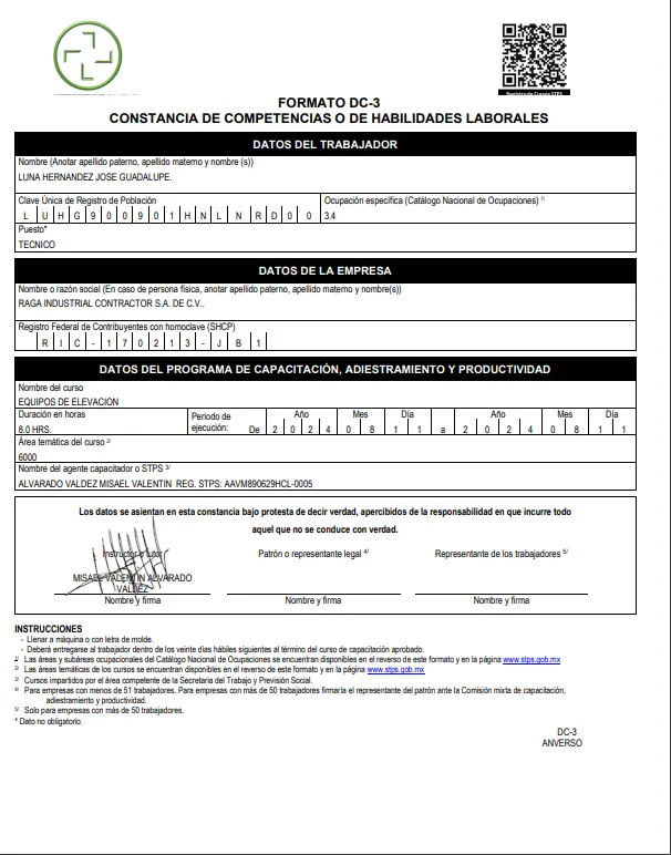 Constancia DC-3 en formato STPS del curso Equipos de Elevación con código QR de verificación